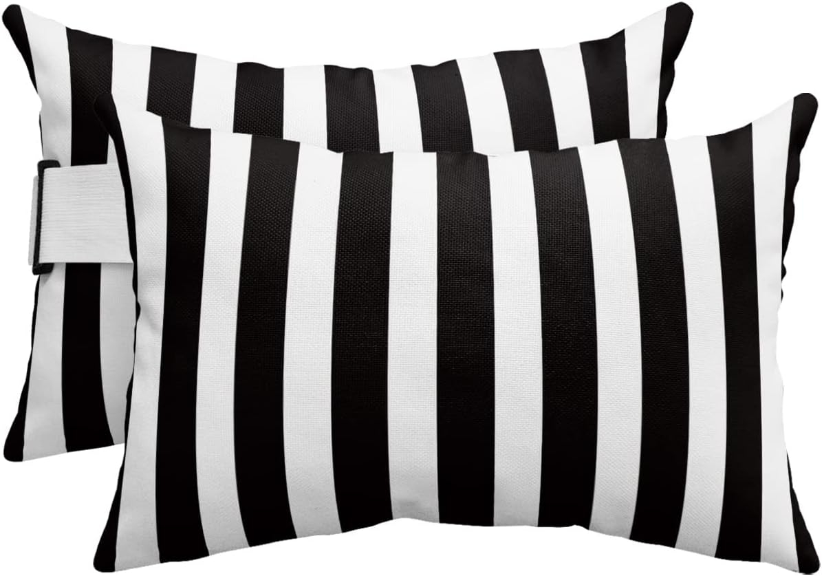 T&H XHome Outdoor Pillow for Chaise Lounge Chair, Black and White Stripe Waterproof Headrest Pillow Lumbar Pillows with Insert & Adjustable Elastic Strap for Beach, Poolside, Patio, Office (2 Pack)