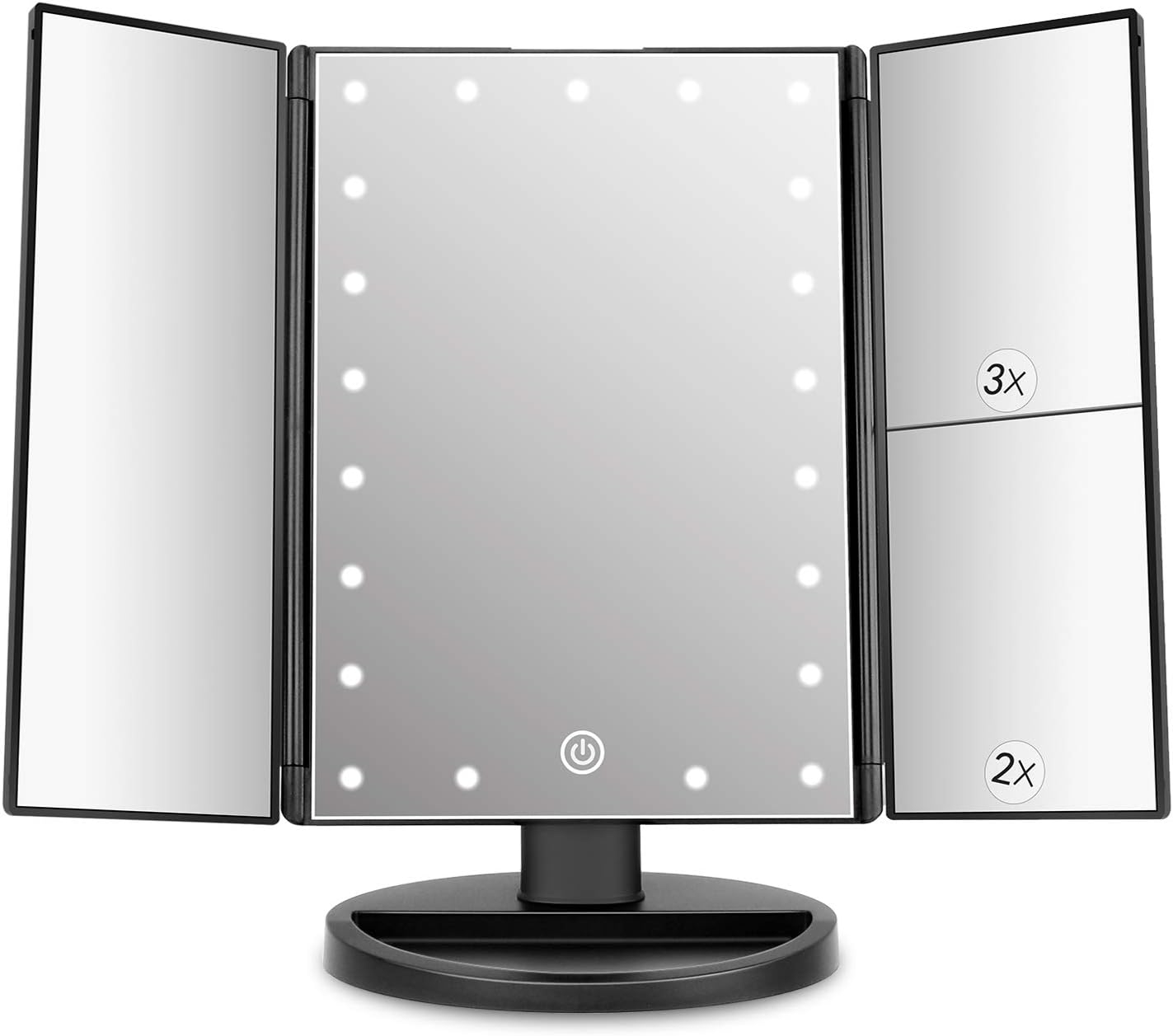 Black ABS Trifold Lighted Vanity Mirror with Magnification