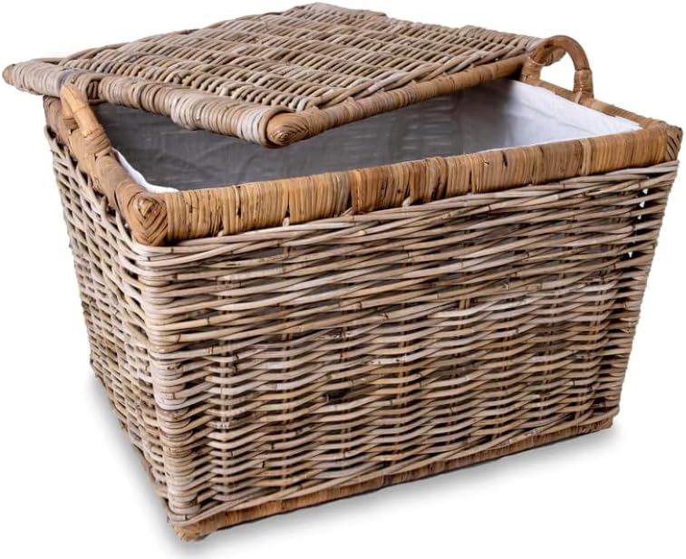 Medium Serene Grey Wicker Rectangular Storage Basket with Lift-Off Lid