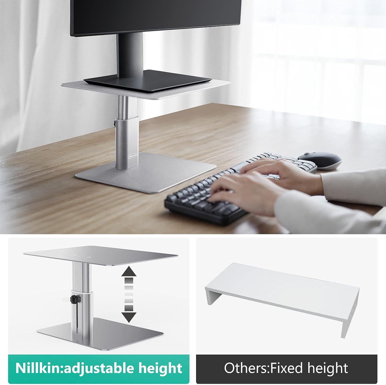 Nillkin Monitor Stand Riser for Desk, Adjustable Height Computer Monitor Stand, Ergonomic Aluminum Computer Desk Holder for iMac,MacBook, Dell, HP, Lenovo and Other Screen Display, Black
