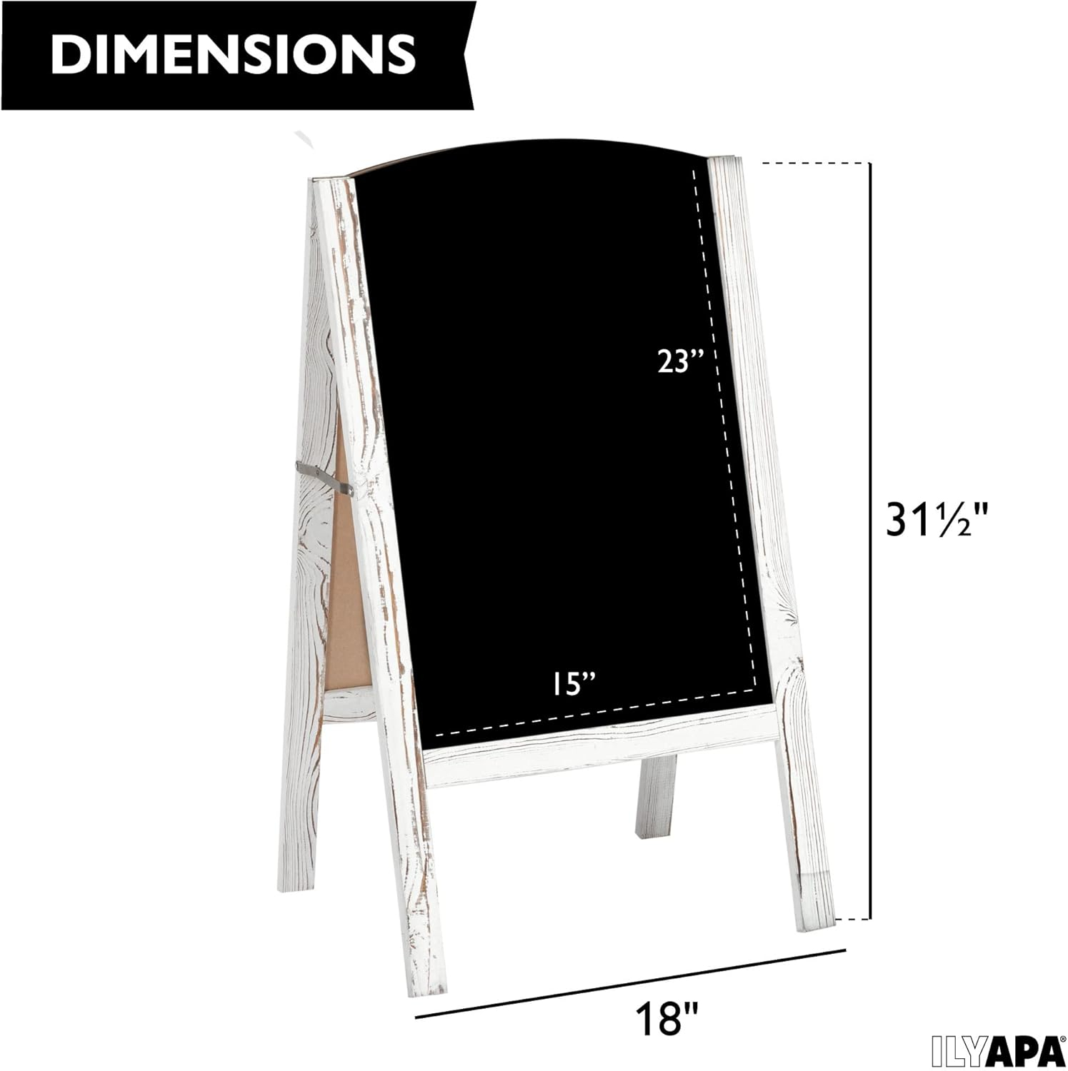 Ilyapa A-Frame Chalkboard Sidewalk Sign - Rounded Top Folding Standing Sandwich Sign for Restaurant, Office, Weddings - Rustic White, 18 x 31.5