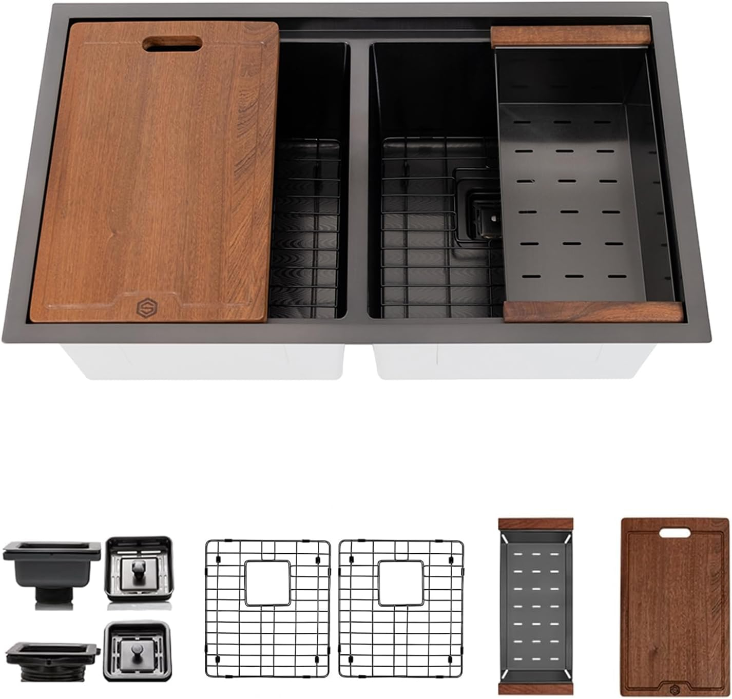 32" Black Stainless Steel Double Bowl Workstation Sink with Accessories