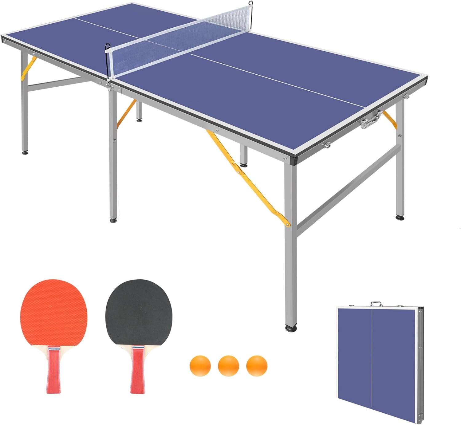 Portable Ping Pong Table, Mid-Size Foldable Table Tennis Table w/Net, 2 Paddles, 3 Balls, Table Tennis Table for Indoor Outdoor, Ping Pong Tablefor Kids Family Holiday Sports