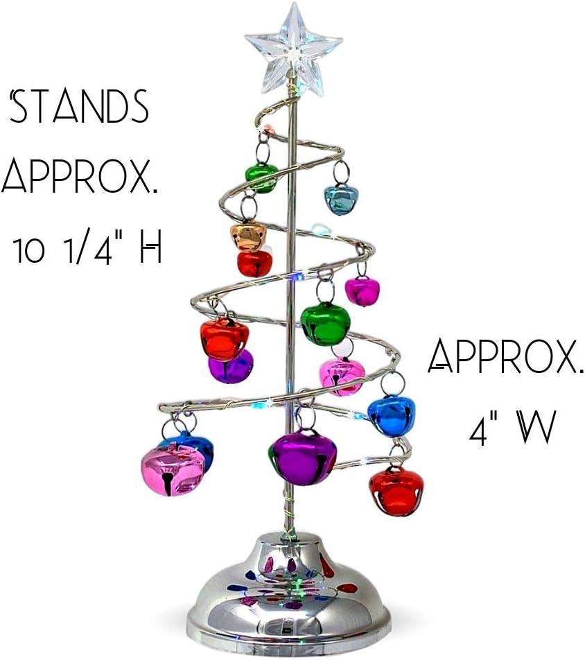 Lighted Tabletop Spiral Silver Christmas Tree - Multicolor Jingle Bells & Lights - Battery Operated - Home Xmas Décor - Approximately 10.25" Tall