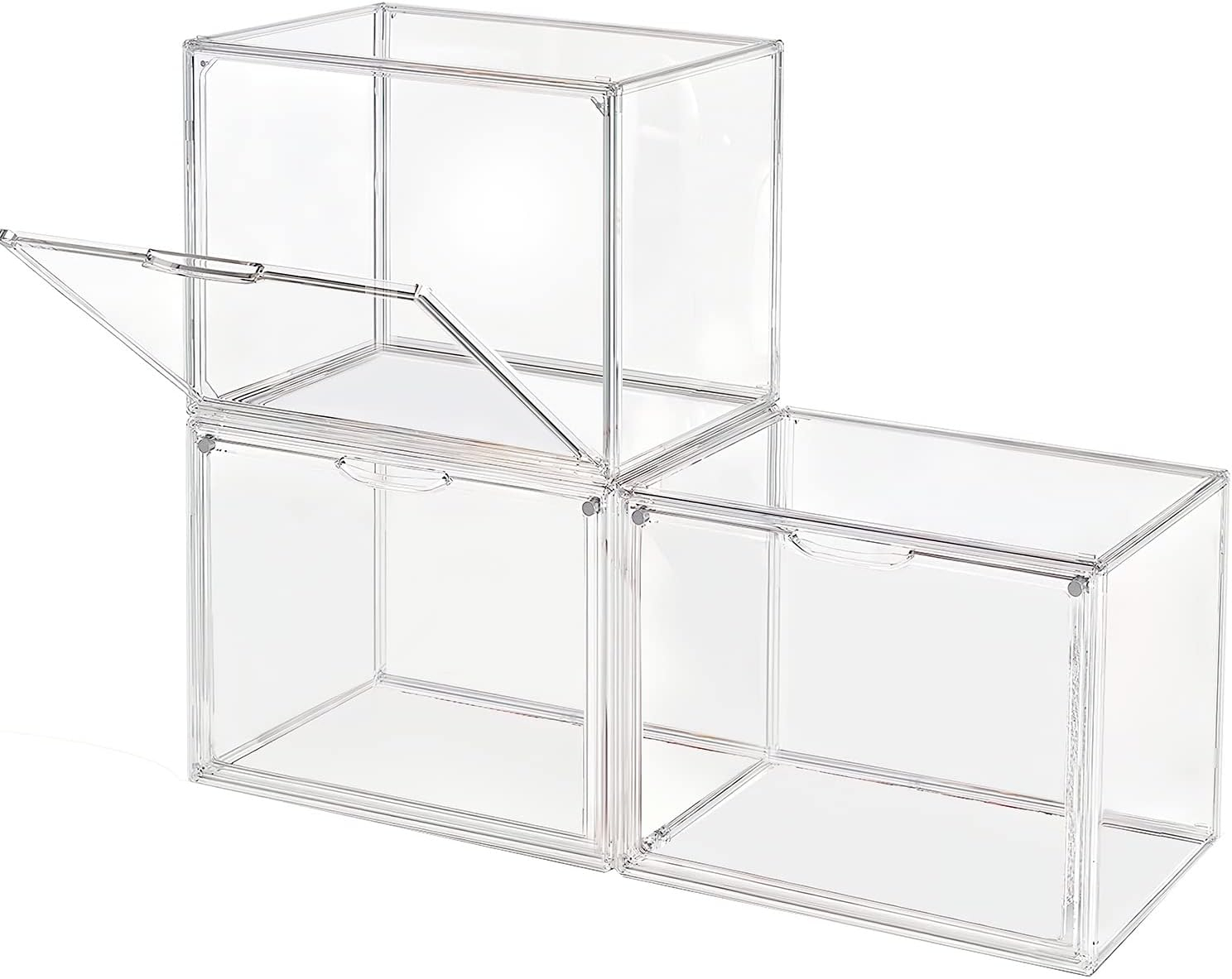 Clear Stackable Plastic Storage Bins with Magnetic Lid, Dustproof Book & Cosmetic Display Cases, Large Figures Collectibles Showcase, Shoe Box, Protection Organizer (Transparent, L-3 Pack)