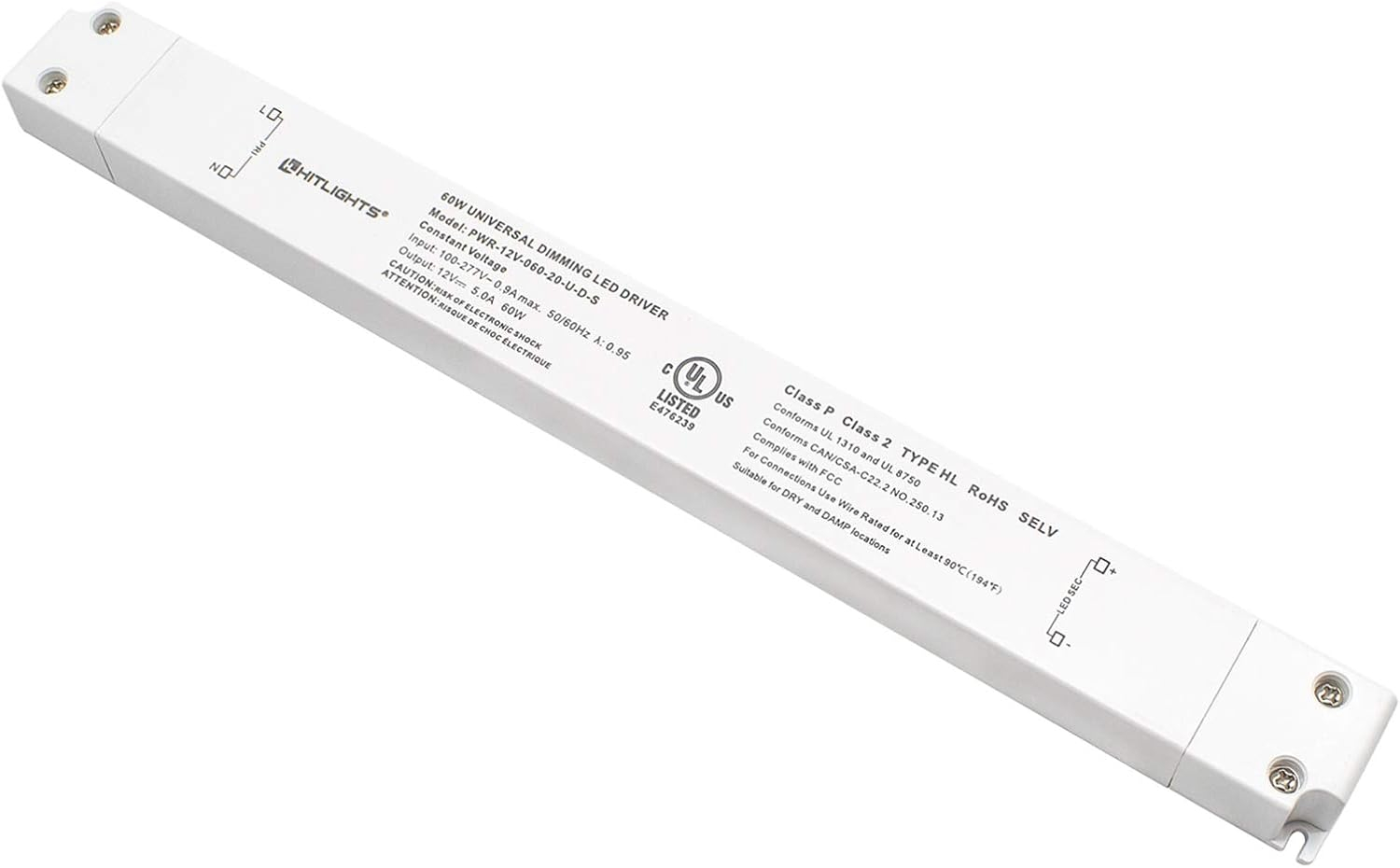 HitLights 60W Dimmable LED Driver Transformer, Power Supply 100-277V AC to 12V DC, 5A, Compatible with Lutron Leviton Dimmers, for LED Strip Lights, Constant Voltage LED Projects, UL-Listed,White
