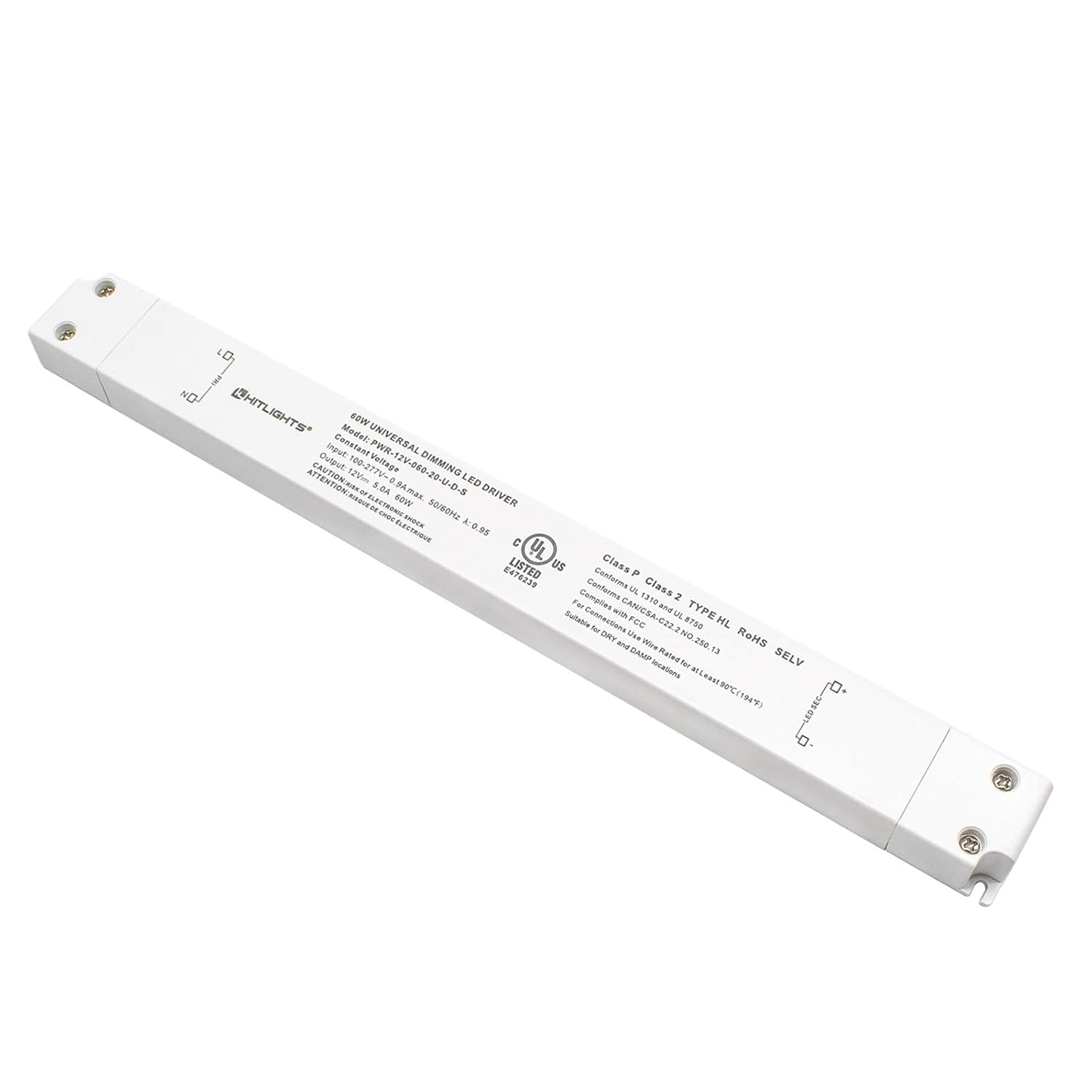 HitLights 60W Dimmable LED Driver Transformer, Power Supply 100-277V AC to 12V DC, 5A, Compatible with Lutron Leviton Dimmers, for LED Strip Lights, Constant Voltage LED Projects, UL-Listed,White