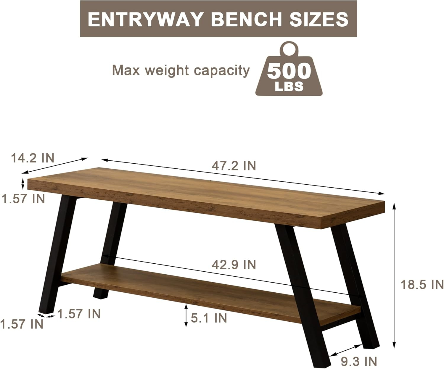 Entryway Bench, Farmhouse Indoor Entry Way Shoe Benches Seat, Industrial Metal Shoe Storage Bench Organizer for Living Room, Bedroom, Hallway (Rustic Oak)