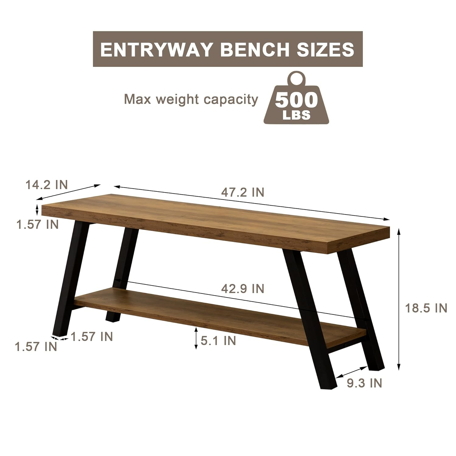 Entryway Bench, Farmhouse Indoor Entry Way Shoe Benches Seat, Industrial Metal Shoe Storage Bench Organizer for Living Room, Bedroom, Hallway (Rustic Oak)