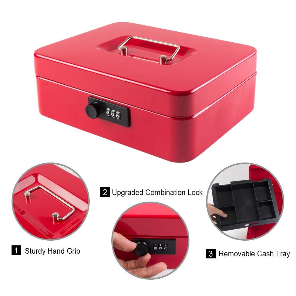 KYODOLED Large Cash Box with Combination Lock Safe Metal Money Box with Money Tray for Security Lock Box 9.84"x 7.87"x 3.54" Red Large