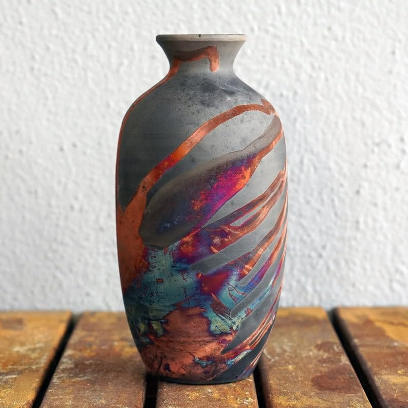 RAAQUU Koban 7" Pottery Home Decor Vase - Carbon Half Copper Matte - Boho Wall Art