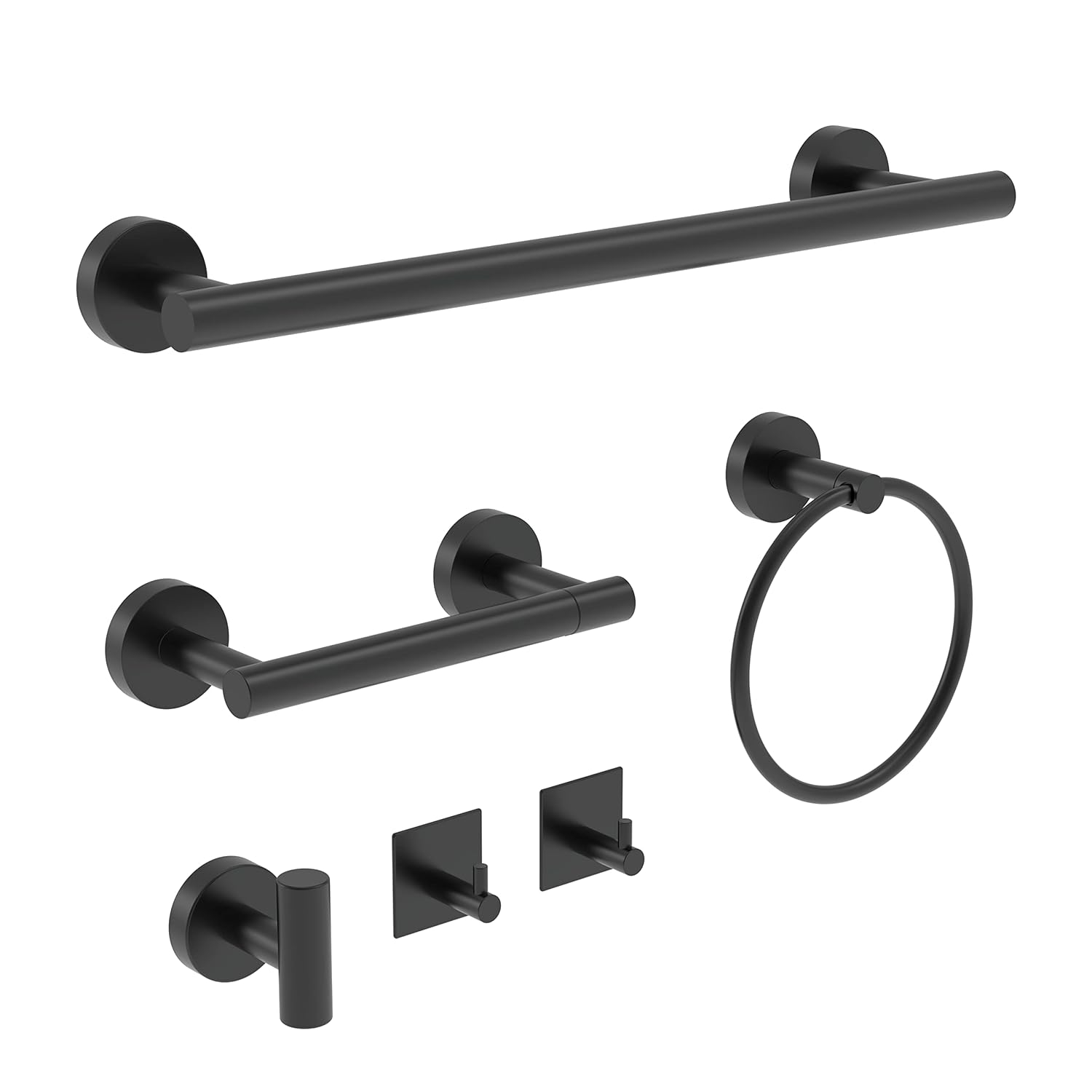 6 PCS Bathroom Hardware Set, Including 16" Hand Towel Bar, Toilet Paper Holder, Towel Ring, Robe Towel Hooks, Bathroom Accessories Kit(Matte Black)