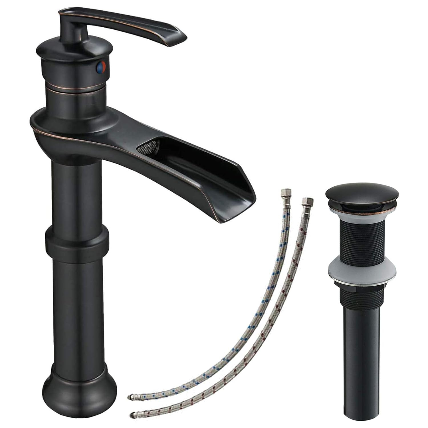 Vessel Sink Faucet Oil Rubbed Bronze Bathroom Faucet Waterfall Farmhouse Single Hole Single Handle for Sink Lavatory Faucets with Pop Up Drain Without Overflow Supply Line