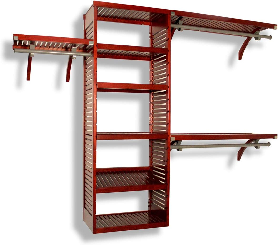 Red Mahogany Solid Wood Closet Organizer System with Shelves and Hanging Rods
