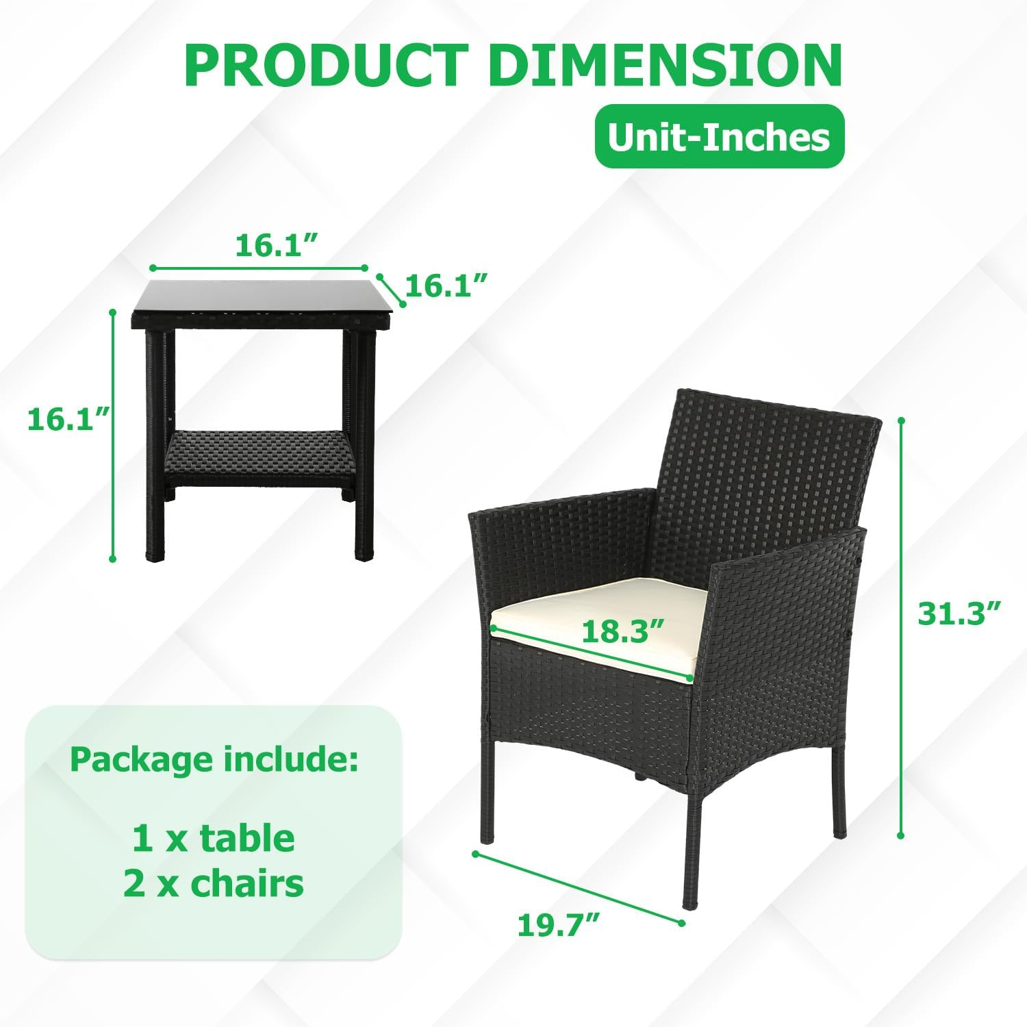 Black and Beige Wicker Rattan Patio Bistro Set with Cushions