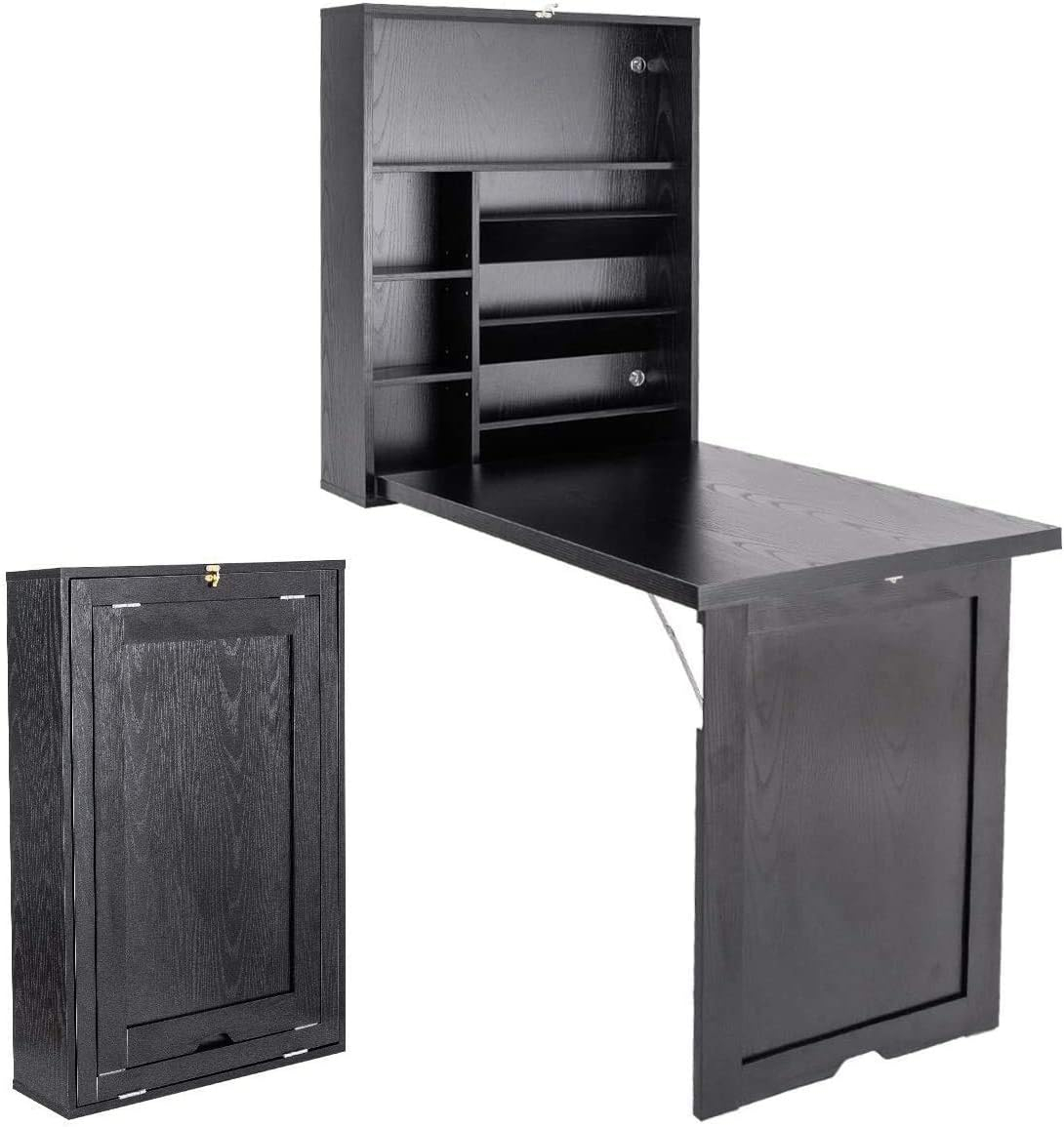 Nightcore Wall Mounted Table w/Classified Storage Space, Foldable Multiple-Purpose, Floating Convertible Desk/Cabinet for Apartment, Narrow Place and Room, Black