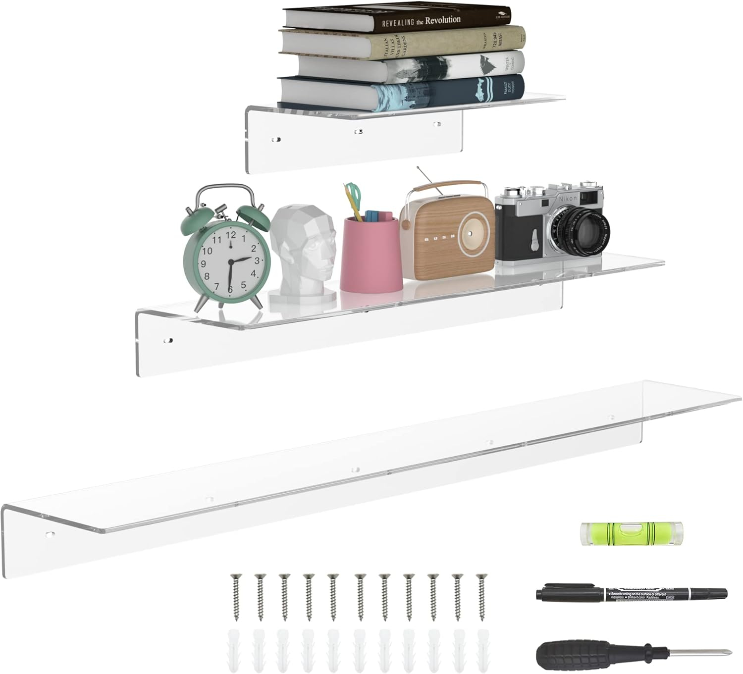 Acrylic Wall Shelves 36 24 12 Inches, Clear Floating Shelf for Wall, Wall Mounted Display Shelves for Plants, Radio, Funko Pop, Stuffed Animal, Books, Clock, Cosmetics, Toiletries