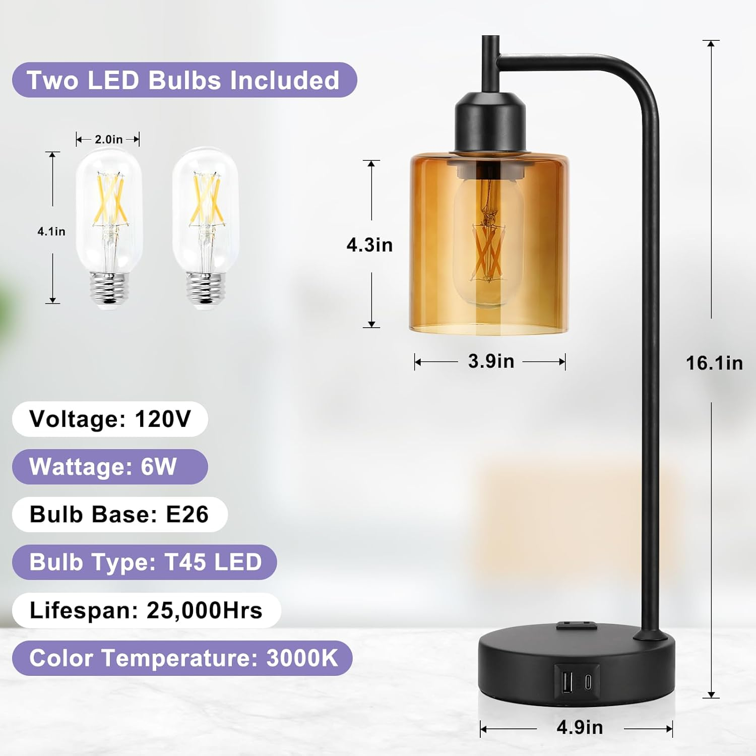 Industrial Touch Nightstand Lamps for Bedrooms Set of 2 - 3-Way Dimmable Table Lamps with USB C+A Ports and Outlet, Bedside Lamps with Amber Glass Shade for Living Room, Desk Lamps for Home Office