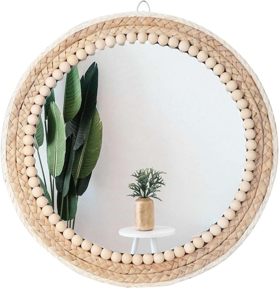 Poeme Boho Wall Mounted Round Mirror - 15 Inch Circle Rattan Decorative Hanging Mirror for Bedroom, Living Room & Bathroom