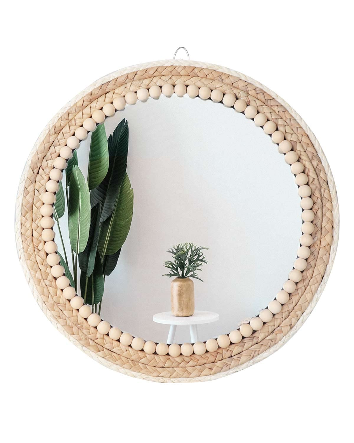 Poeme Boho Wall Mounted Round Mirror - 15 Inch Circle Rattan Decorative Hanging Mirror for Bedroom, Living Room & Bathroom