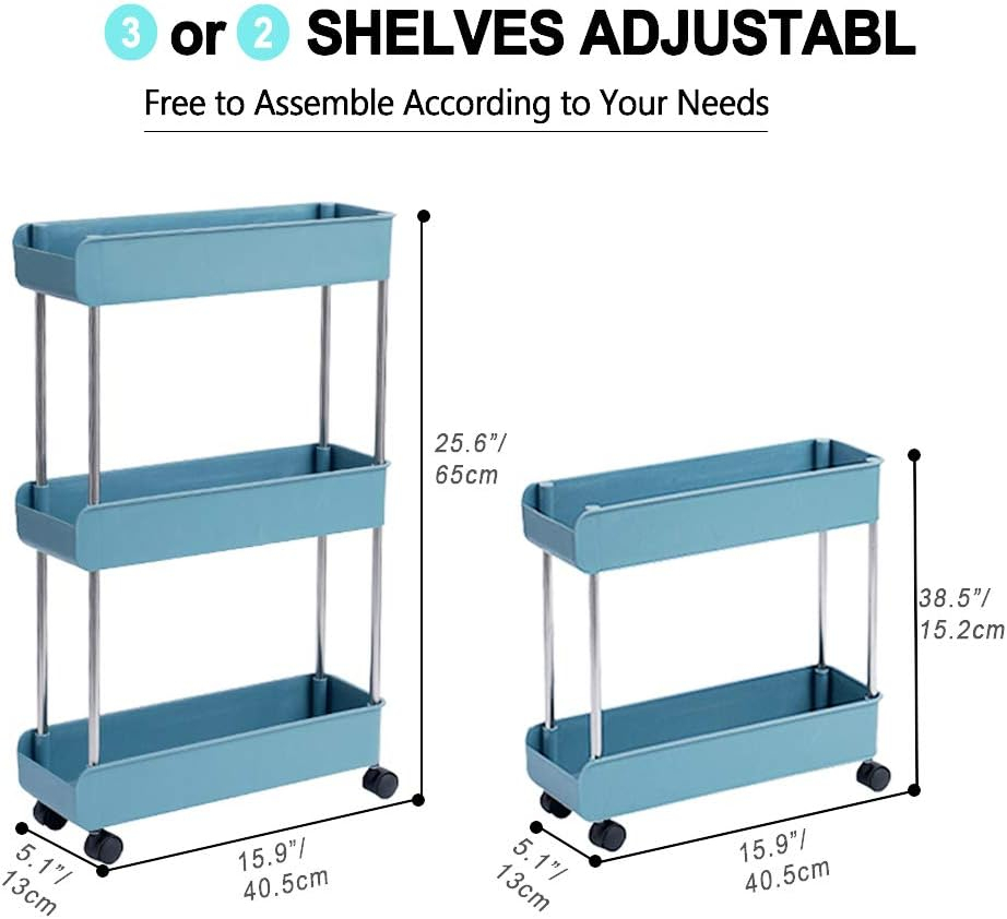 Melody House 3-Tier Slim Mobile Shelving Unit on Wheels, Slide Out Rolling Bathroom Storage Organizer, Utility Carts Shelf Rack for Kitchen Bathroom Laundry Room Narrow Places, Navy Blue