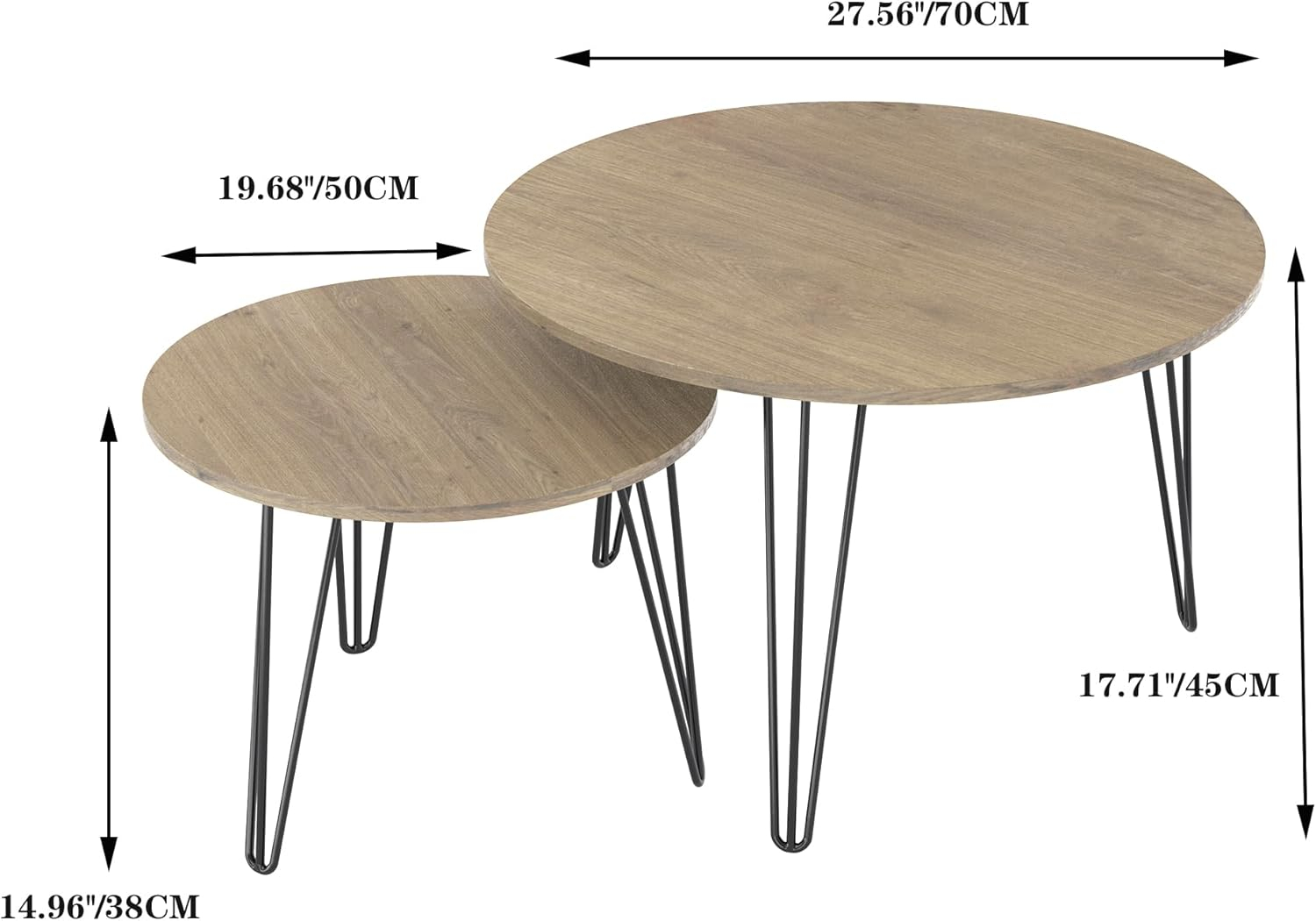 Yesfashion 27.56" Nesting Coffee Table Set Of 2, Modern Round Marble Pattern Wooden Side Tables With Metal Frame, Circular Nesting End Table Set For Living Room