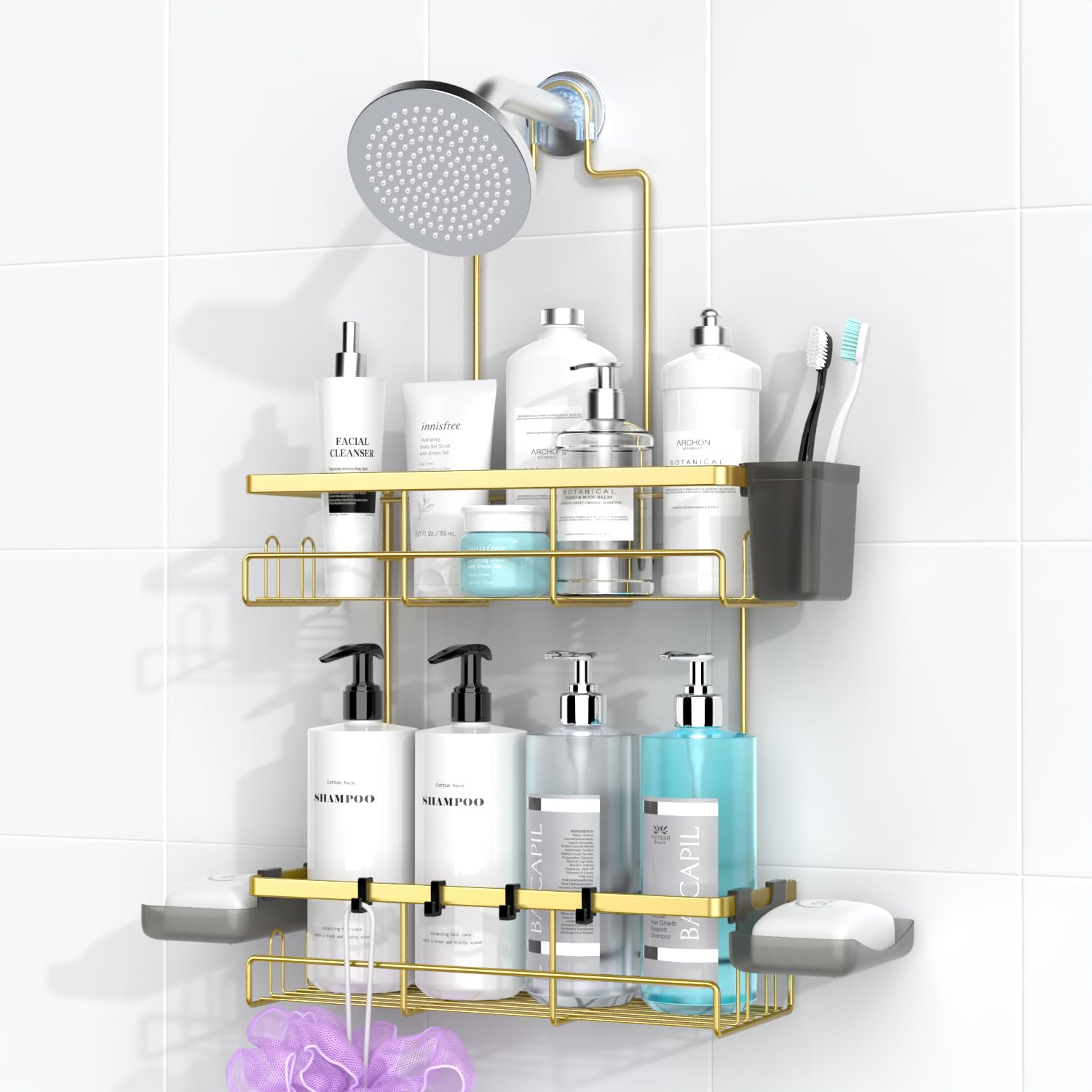 Shower Caddy Hanging Bathroom Organizer: Rustproof Shelf for Inside Shower - No Drilling Racks Over Showerhead - Bath Shelves for Shampoo Soap Gold