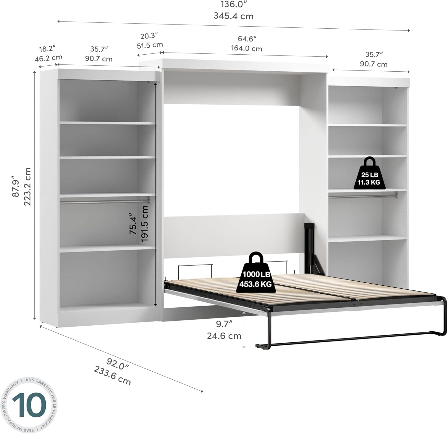 White Queen Upholstered Murphy Bed with Storage and Headboard