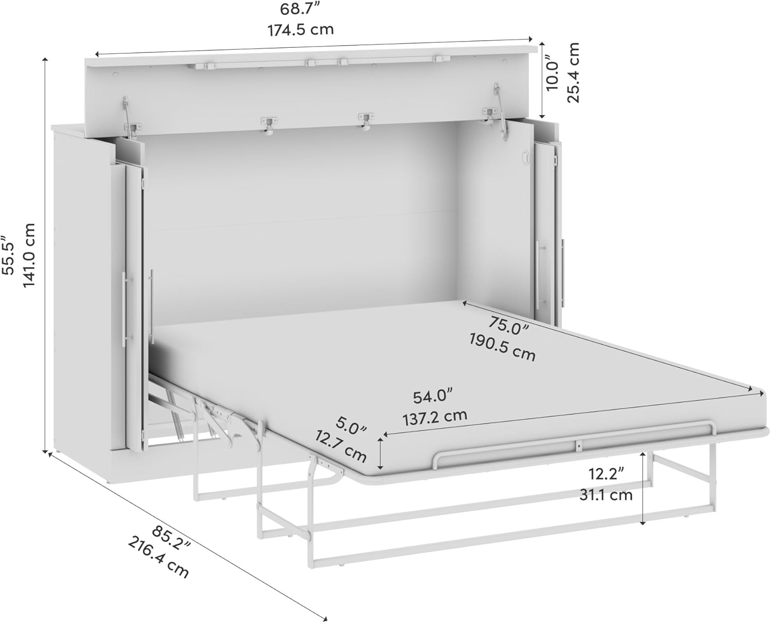 Bestar Nebula 69W Full Size Murphy Cabinet Bed with Mattress in White, 69-inch Space-Saving Sleeping Arrangement for Multipurpose Guest Room or Home Office
