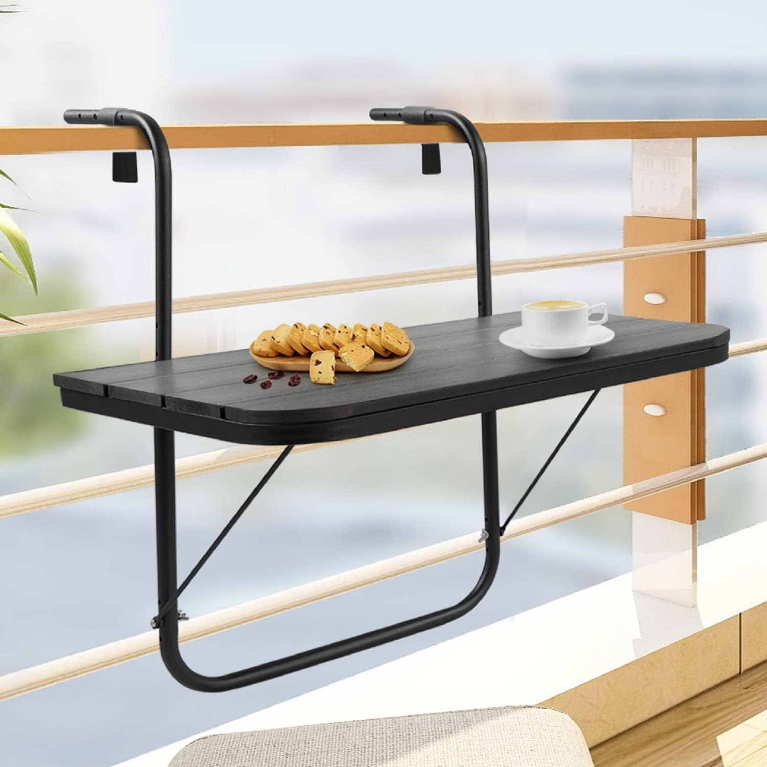 Balcony Table Hanging Deck Railing Table Outdoor Balcony Bar Table for Railings Folding Adjustable Black
