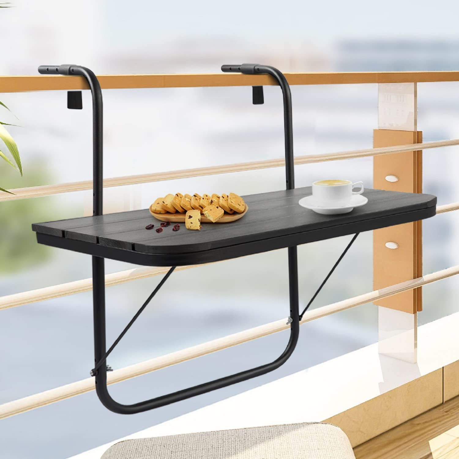 Balcony Table Hanging Deck Railing Table Outdoor Balcony Bar Table for Railings Folding Adjustable Black