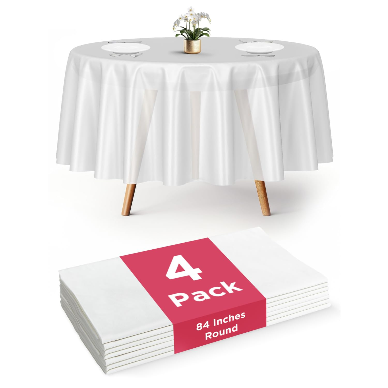 Prestee 4-Pack 84-Inch White Round Plastic Tablecloth Disposable - Durable Waterproof Table Covers for Weddings, BBQ, Parties, Outdoor Events - Elegant White Plastic Tablecloths Round for Any Occasio