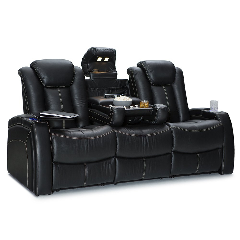 Seatcraft Republic Italian Leather Home Theater Furniture, Living Room, Power Headrest, Power Recline (Sofa with Fold-Down Table, Black)
