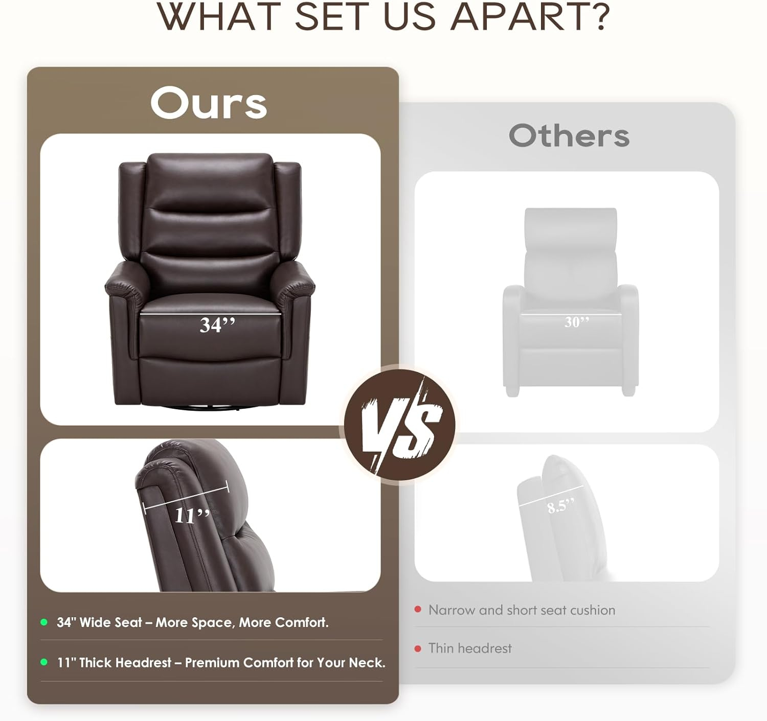 Dark Brown Leather Swivel Recliner with Metal Frame