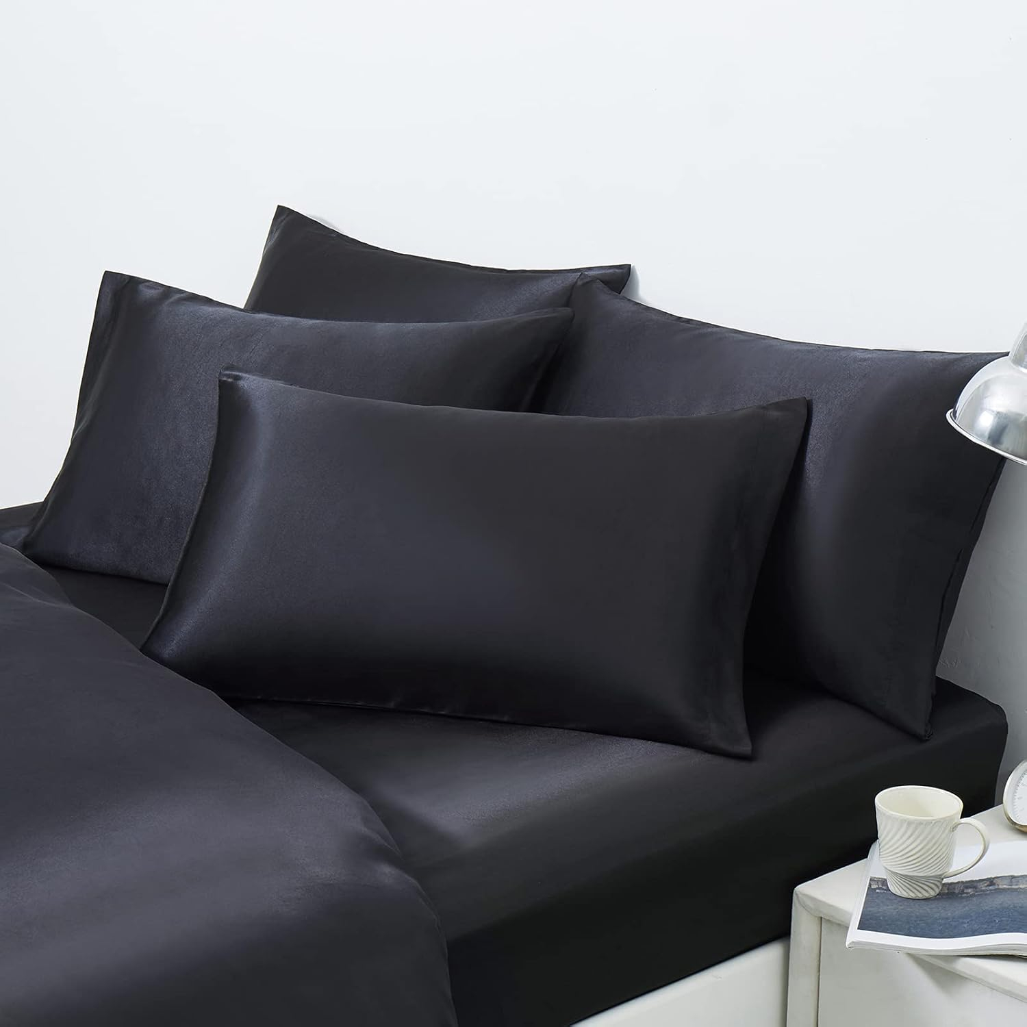Unique Bargains Set of 4 Silky Satin Pillowcases Pillow Cover Black King