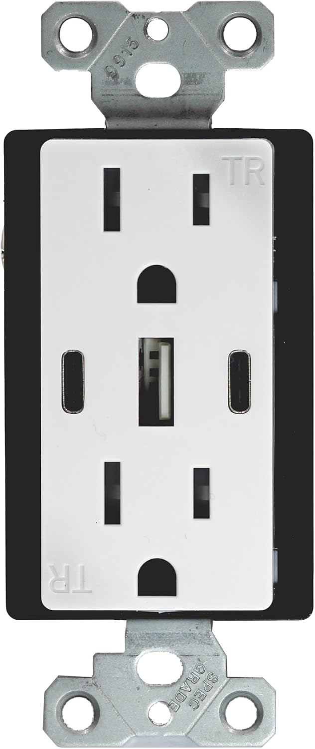 6.0A USB Outlet, 3-Port 30W Wall Outlets with 2 Type C & 1 Type A, 15 Amp Receptacle Plug, Tamper Resistant Receptacle, ETL Listed, White, 1 Pack