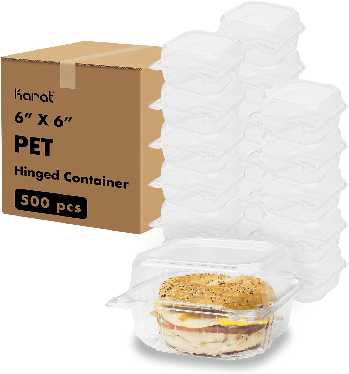 Karat FP-HC66PET-1C 6x6" Plastic Hinged Food Containers for bagle, sandwich, hamburger, 500 Count