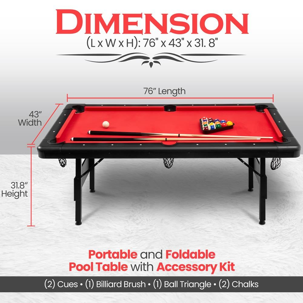 SereneLife 6 Ft Red Portable Pool Table with Accessories