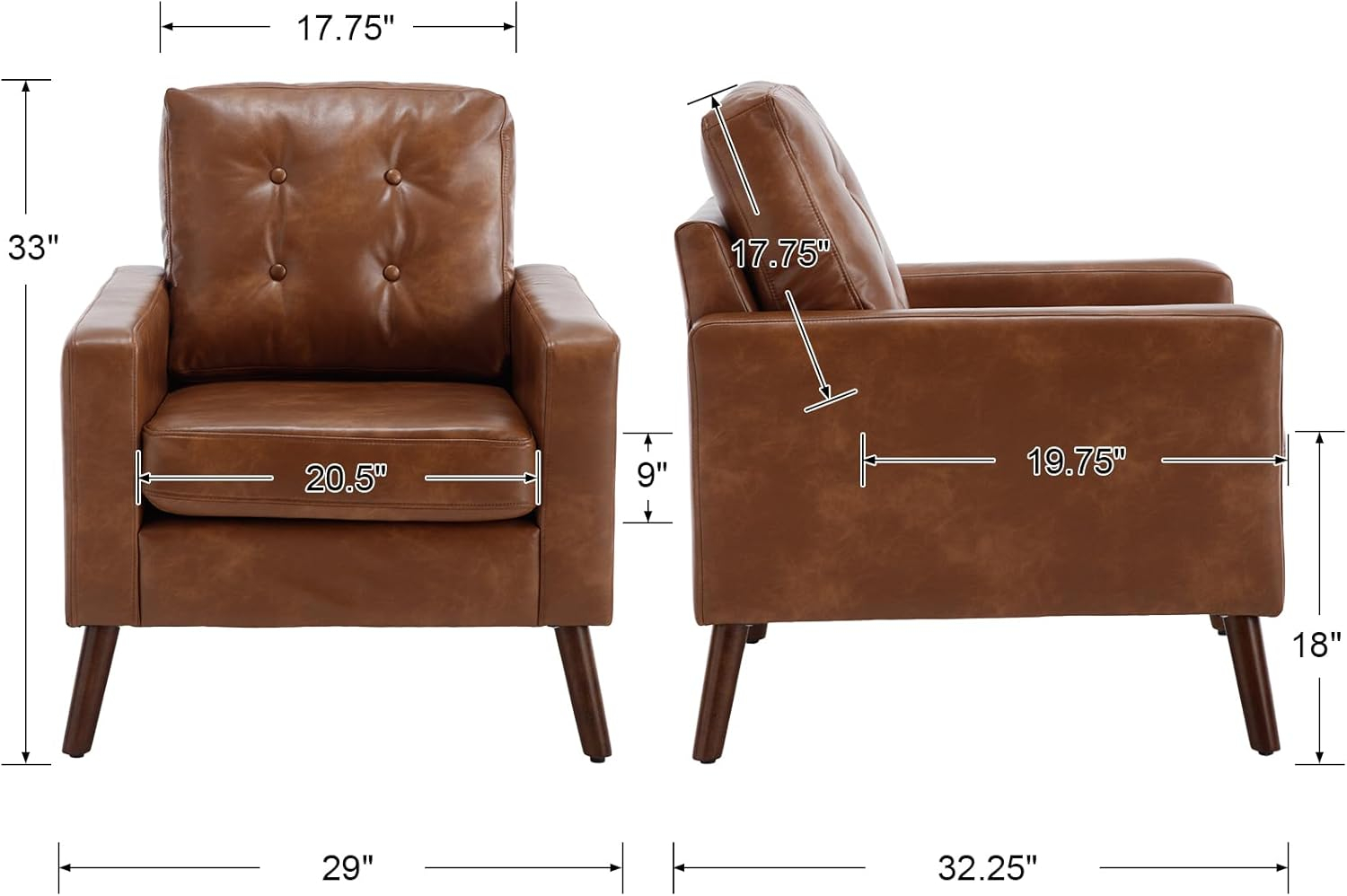 Brown Accent Chairs Set of 2, Mid Century Modern Armchairs, PU Leather Living Room Chairs Tufted Upholstered Lounge Chairs with Wood Legs for Bedroom Waiting Room, Caramel