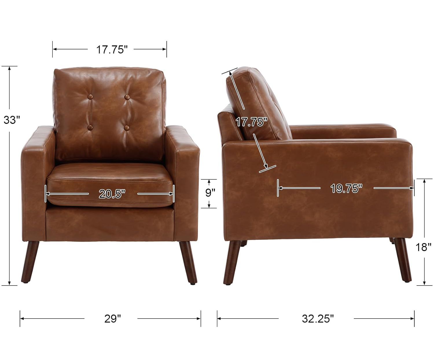 Brown Accent Chairs Set of 2, Mid Century Modern Armchairs, PU Leather Living Room Chairs Tufted Upholstered Lounge Chairs with Wood Legs for Bedroom Waiting Room, Caramel