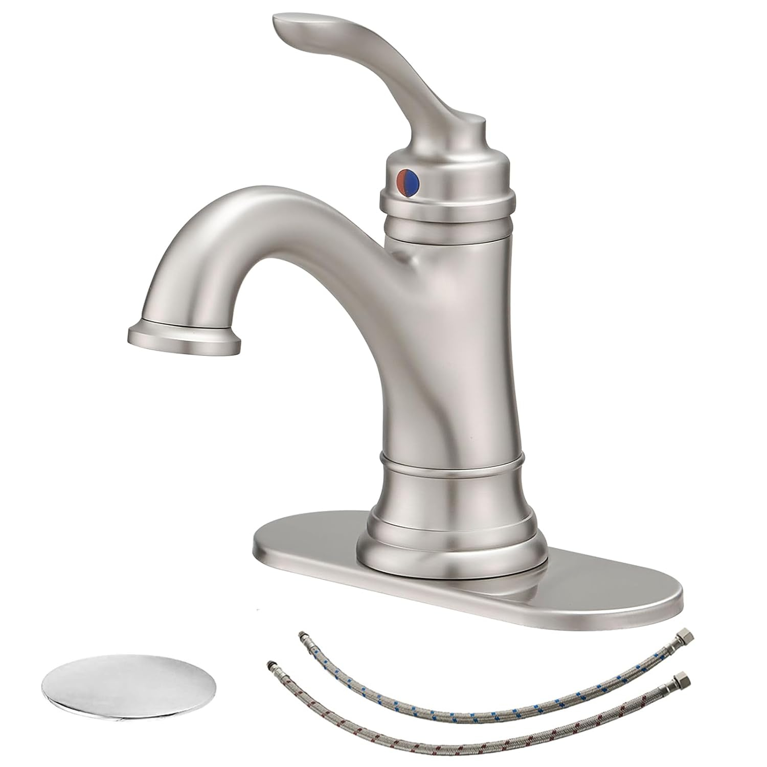 BWE Brushed Nickel Bathroom Faucet 1 Hole Single Handle Bathroom Sink Faucet with Brass Pop Up Drain and Supply Line High Arc Bath Vanity Faucet for Lavatory Mix Tap