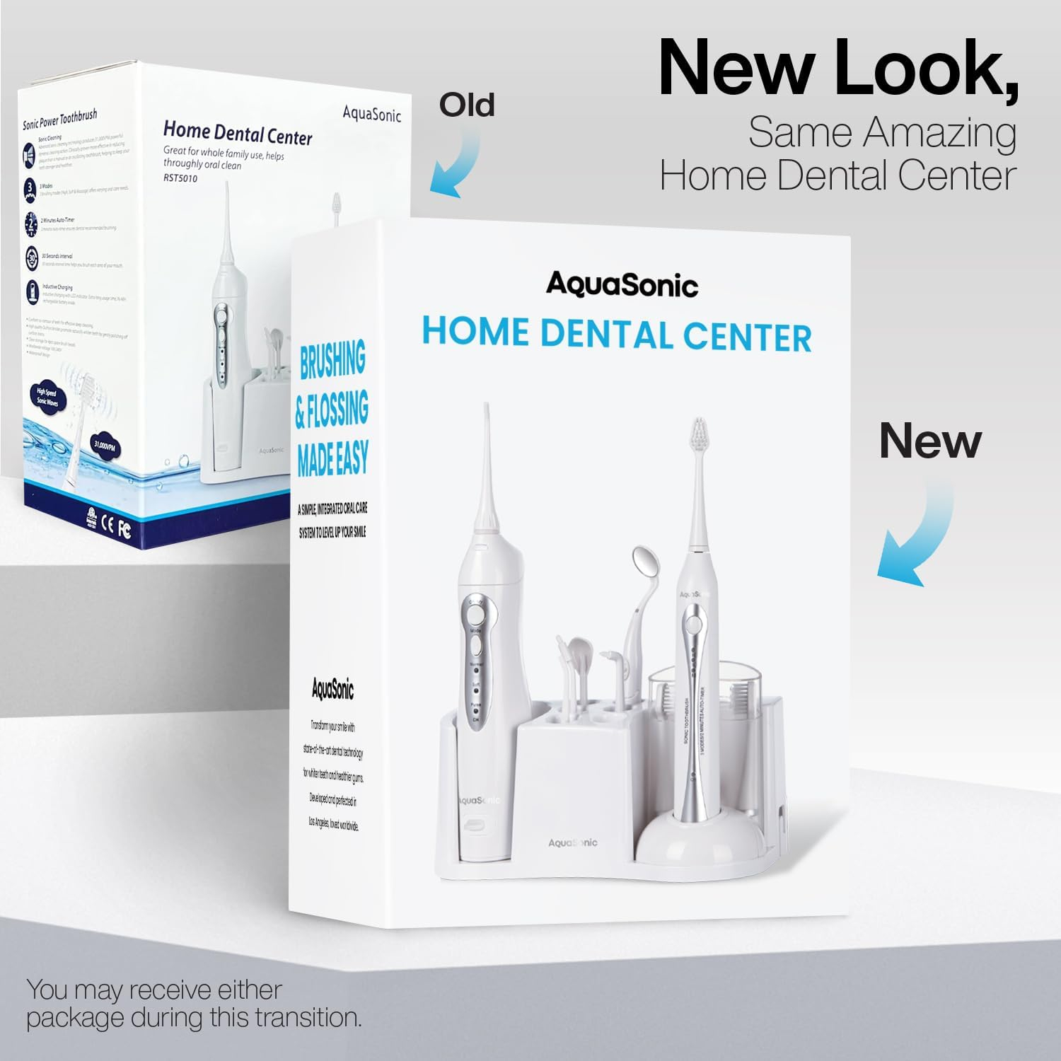 Aquasonic Home Dental Center - Electric Sonic Toothbrush & Smart Water Flosser Combo, 3 Cleaning Modes, Inductive Charging, Auto Timer, Complete Oral Care Kit for Family (White)