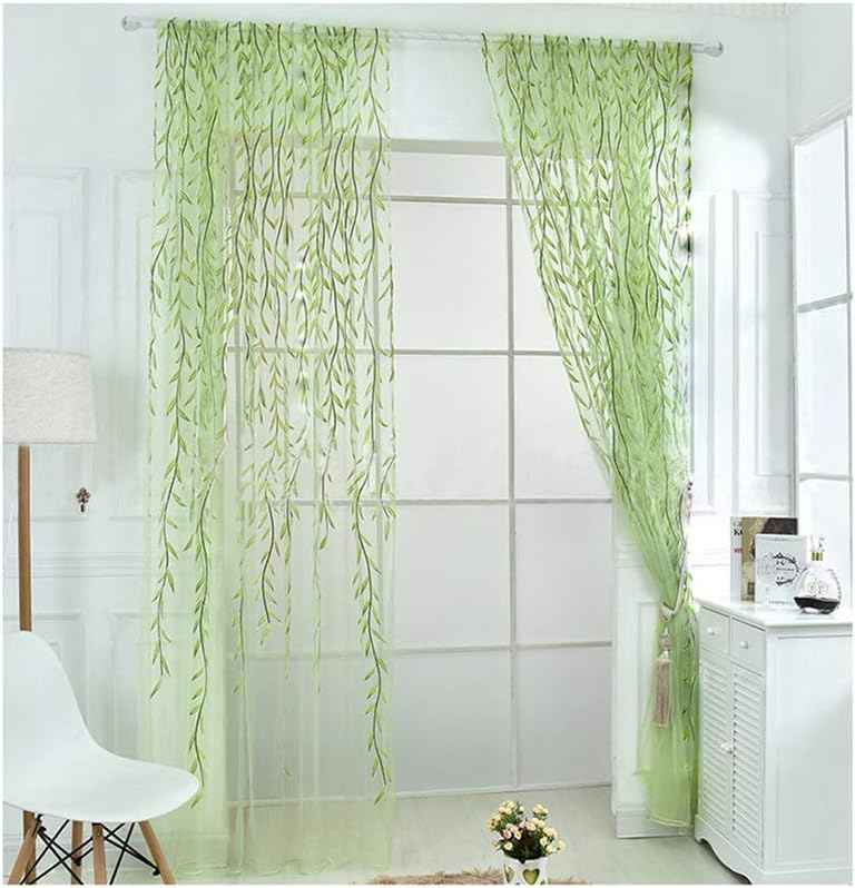 XmhyTop Rely2016 2 Pieces Willow Window Curtain Voile Tulle Room Salix Leaf Sheer Gauze Curtain Voile Panel Drapes Curtain Green Color for Living Room, Bedroom, Balcony ,100 x 200cm