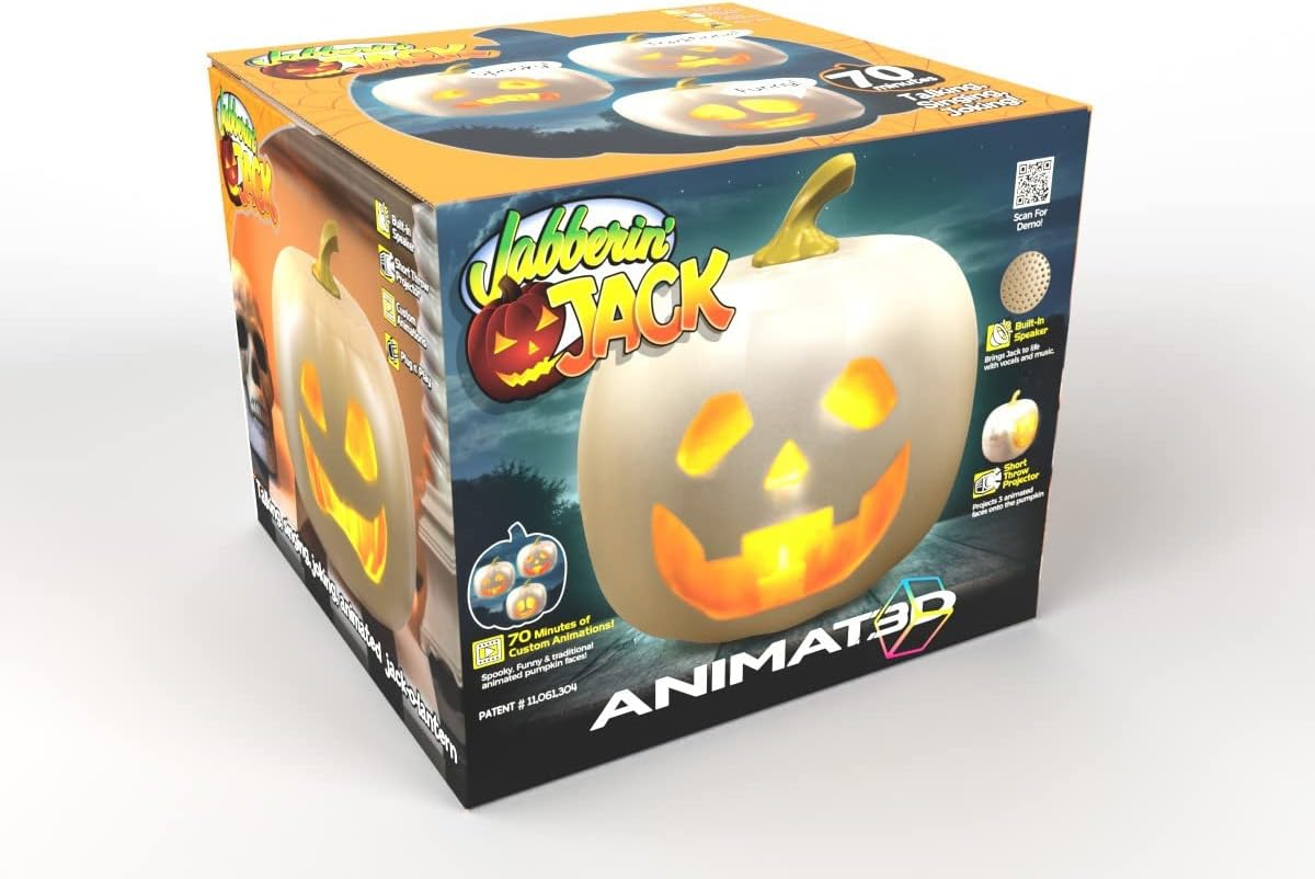 Jabberin Jack XL Talking Animated White Pumpkin with Built in Projector & Speaker Plug'n Play