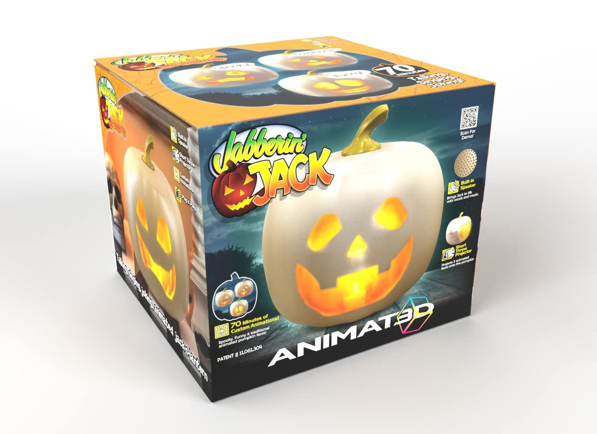 Jabberin Jack XL Talking Animated White Pumpkin with Built in Projector & Speaker Plug'n Play