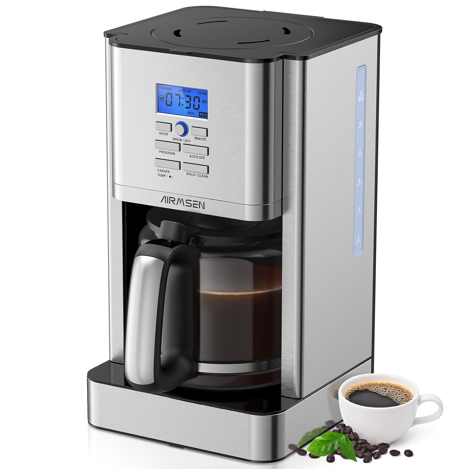 AIRMSEN Stainless Steel 12 Cup Drip Coffee Maker, Programmable Coffee Machine Self-Cleaning