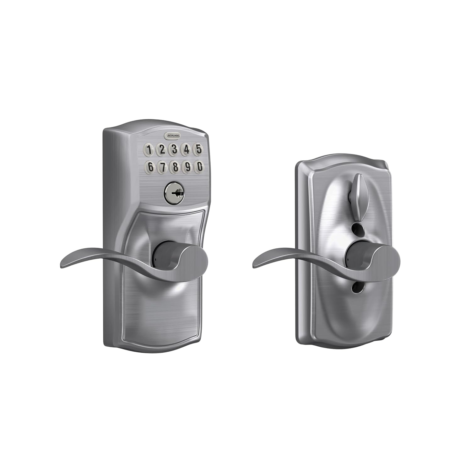 Schlage FE595 Camelot By Accent Keypad with 16211 Latch 10063 Strike Entry Flex-Lock Electronic Keypad with 16211 Latch 10063 Strike Satin Chrome Finish