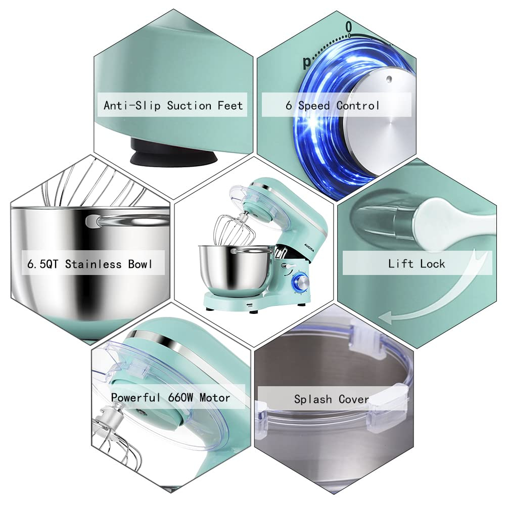 Aucma Stand Mixer,6.5-QT 660W 6-Speed Tilt-Head Food Mixer, Kitchen Electric Mixer with Dough Hook, Wire Whip & Beater (6.5QT, Blue)