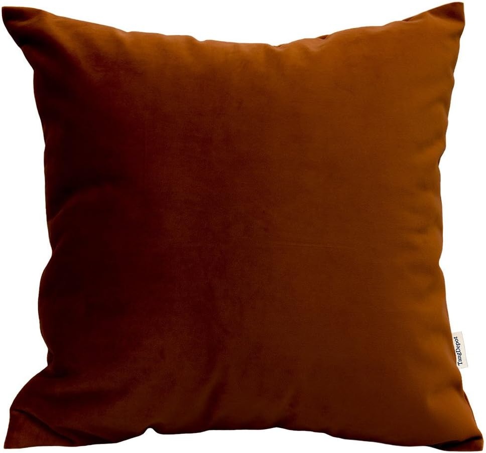 TangDepot Pack of 2 Solid Velvet Throw Pillow Covers, Cushion Shams, Super Luxury Soft Pillow Cases, Square Pillow Shells - (16x16 Inch 2 Pieces, Deep Truffle)