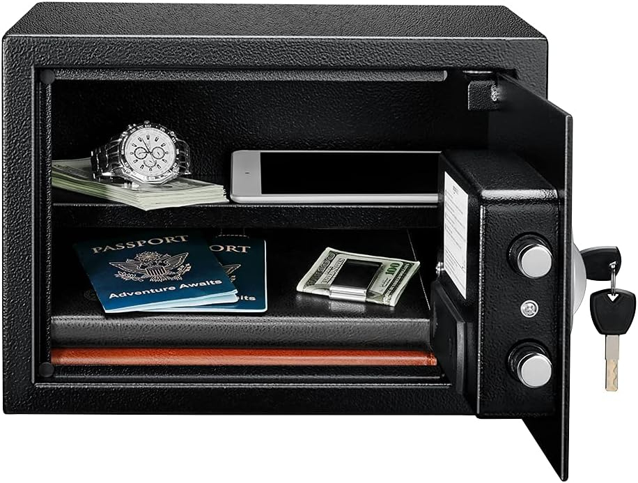 Amazon Basics Steel Security Safe and Lock Box with Electronic Keypad - Secure Cash, Jewelry, ID Documents, 0.5 Cubic Feet, Black, 13.8" W x 9.8" D x 9.8" H